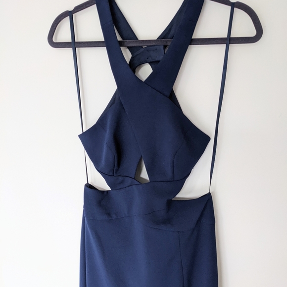 NEW BCBGMAXAZRIA Salome Navy Blue Halter Cross Front Slit Evening Gown Dress - Picture 3 of 9